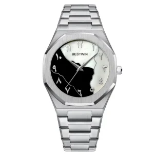 Bestwin BW812 Men's Fashion Arabic Numeral Marble Face Stainless Steel Watch - Silver