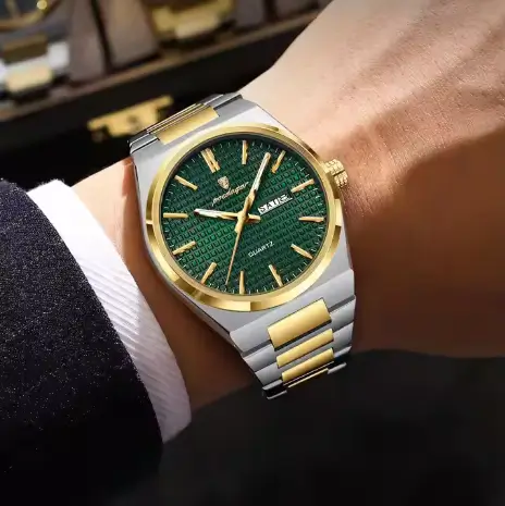 POEDAGAR 874 Business Luxury Waterproof Stainless Steel Men's Watch Golden & Green - Image 2