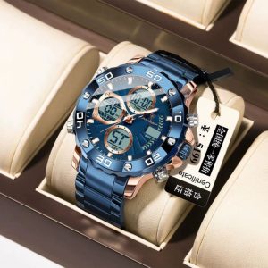 POEDAGAR E102 Quartz Electronic Waterproof Sport Stainless LED Alarm Dual Time Display Digital Watch Blue